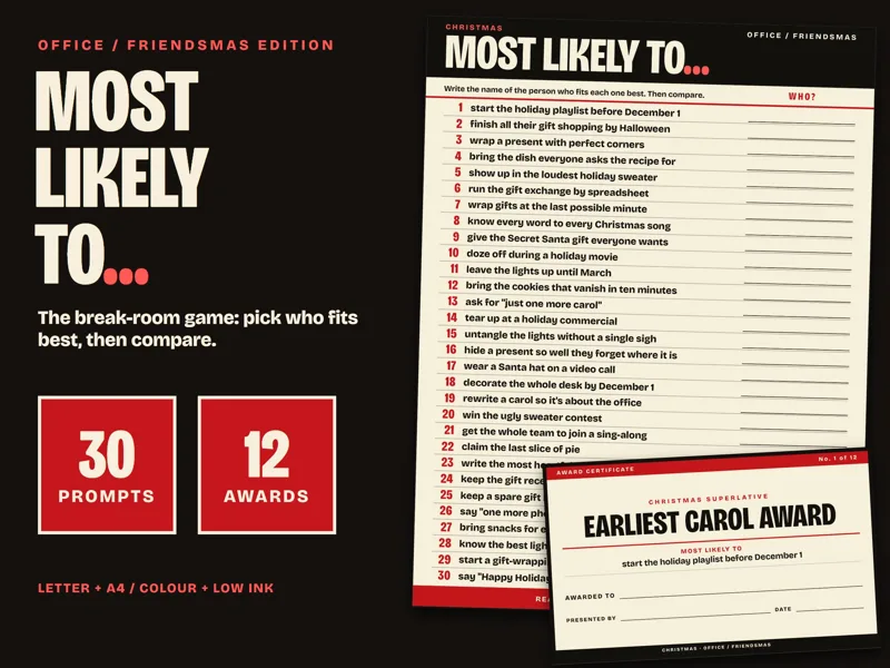 Christmas Most Likely To Game Printable, Office Party and Friendsmas: listing photo showing real pages from the download