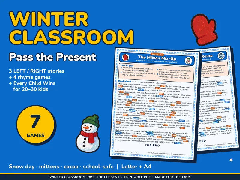 Winter Classroom Left Right Game Printable, Pass the Present for Kids: listing photo showing real pages from the download