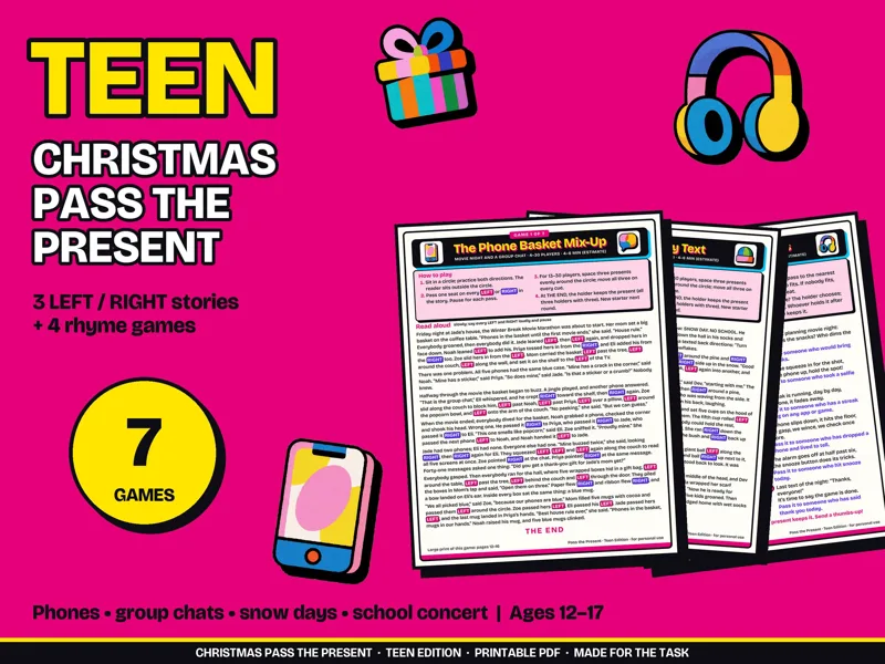Teen Christmas Pass the Present Game, Left Right Printable: listing photo showing real pages from the download