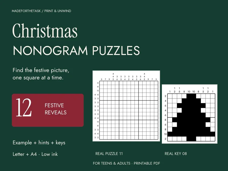 Christmas Nonogram Puzzles Printable, 12 Picture Logic Puzzles with Hints: listing photo showing real pages from the download
