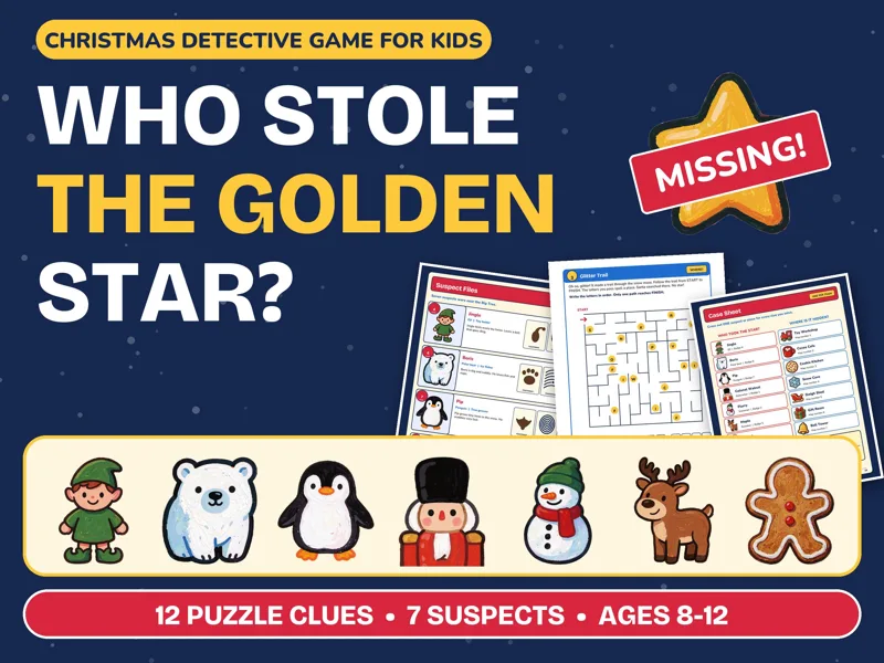Detective Game for Kids, Christmas Mystery Game Printable, Golden Star: listing photo showing real pages from the download