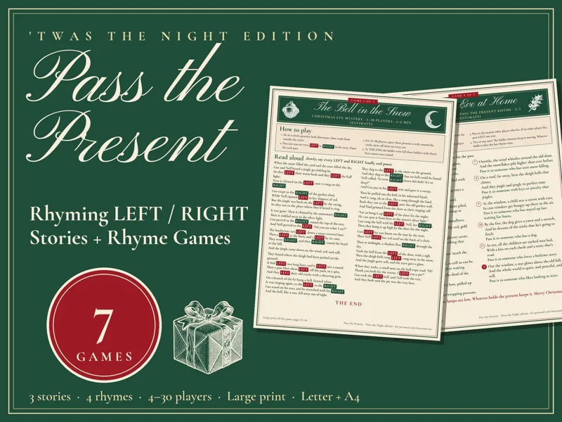 Christmas Left Right Game Printable, 7 Pass the Present Games: listing photo showing real pages from the download