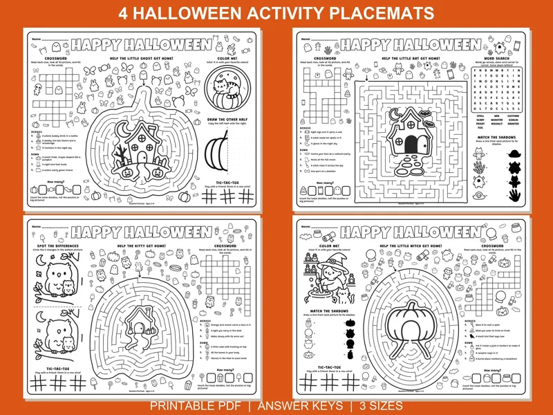Halloween Activity Placemats Printable, 4 Different Kids Mats with Answer Keys: listing photo showing real pages from the download