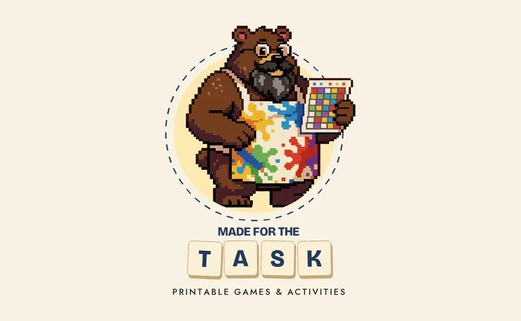 Our bearded bear in a paint-smudged apron holding a printed page, beside the MadeForTheTask name: print it tonight, play it together