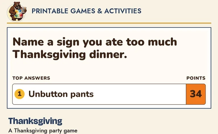 A real Thanksgiving Friendly Feud question and answer row from the delivered PDF